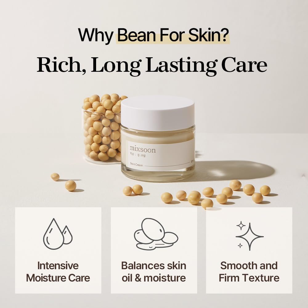 mixsoon Bean Cream-Deep Moisturizer Face Cream, Hydrating and Smoothing for Face, Fermented Soybean Extract, Lightweight Non-Sticky Finish 50ml / 1.69 fl.oz. Korean Glass Skin Care